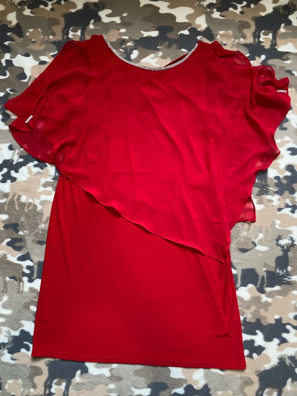 MSK Petite Red Chiffon Asymmetric Cape Overlay Dress Rhinestone Neck Size PL.